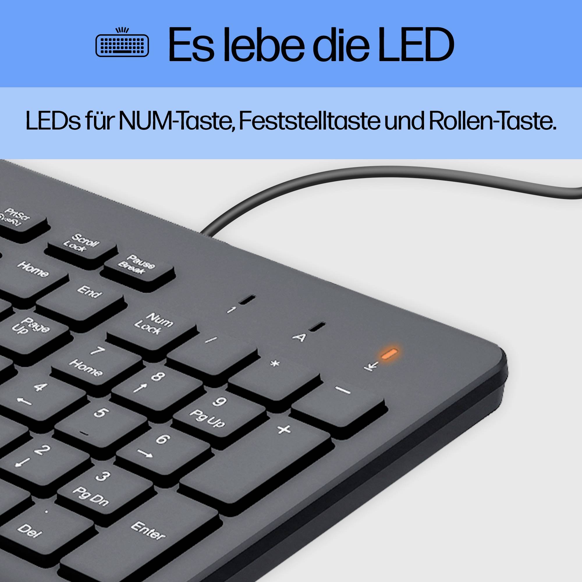 'Es lebe die LED' steht oben. Darunter LEDs für NUM-Taste, Feststelltaste und Rollen-Taste auf einer Tastatur abgebildet.