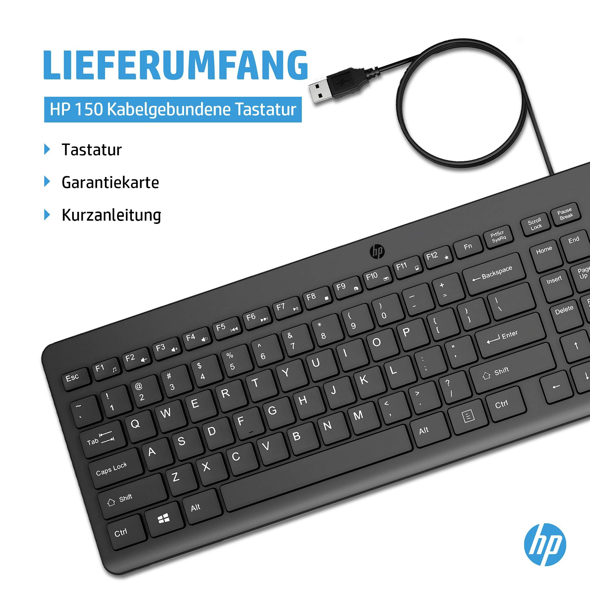 Tastatur mit USB-Anschluss, abgebildet neben Text: 'Lieferumfang: Tastatur, Garantiekarte, Kurzanleitung.'