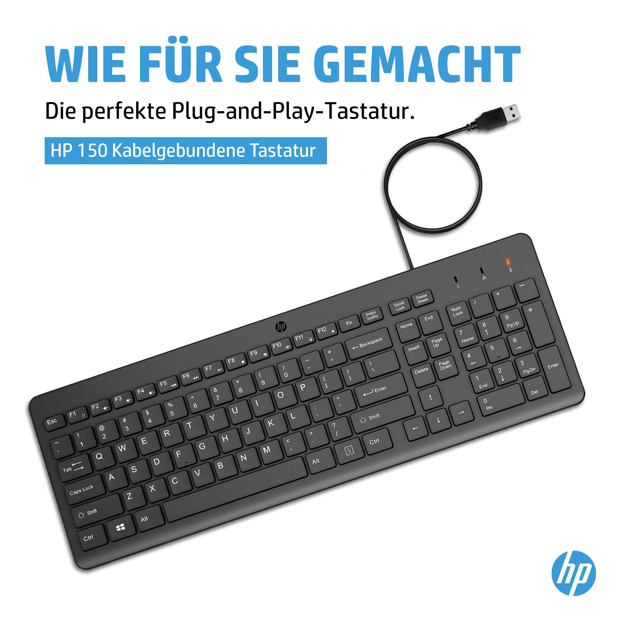 Eine kabelgebundene, schwarze HP-Tastatur mit USB-Anschluss. Text beschreibt sie als 'perfekte Plug-and-Play-Tastatur', Modell HP 150.