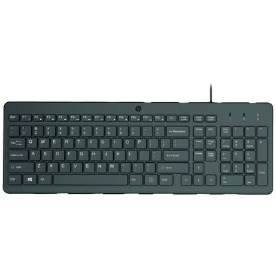 Schwarze Computertastatur mit QWERTY-Layout, Funktionstastenreihe oben, numerischem Ziffernblock rechts und Kabelanschluss oben links.