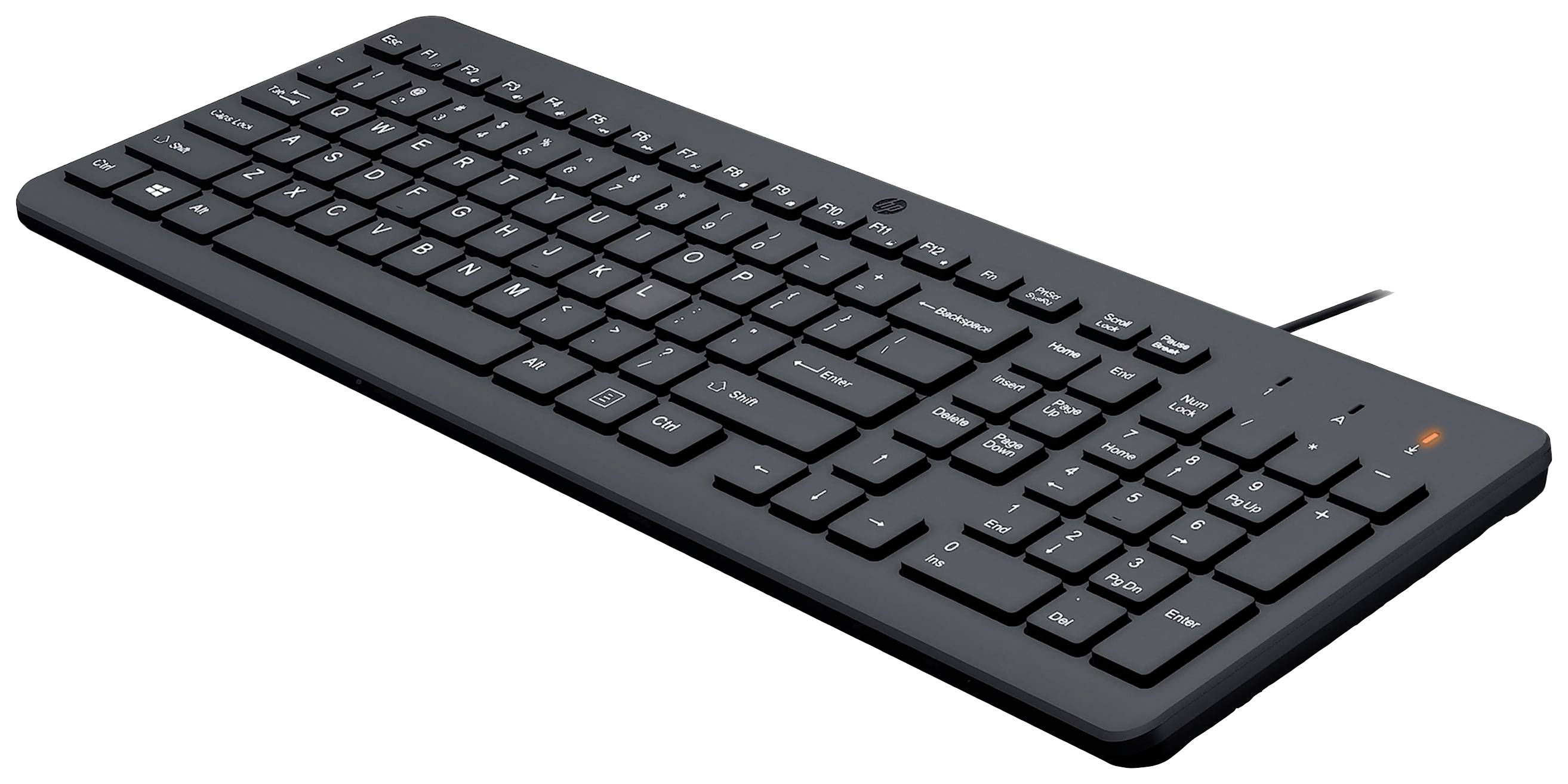 Schwarze Computer-Tastatur mit flachem Design, Nummernblock und Funktionstasten oben. Kabelgebunden.