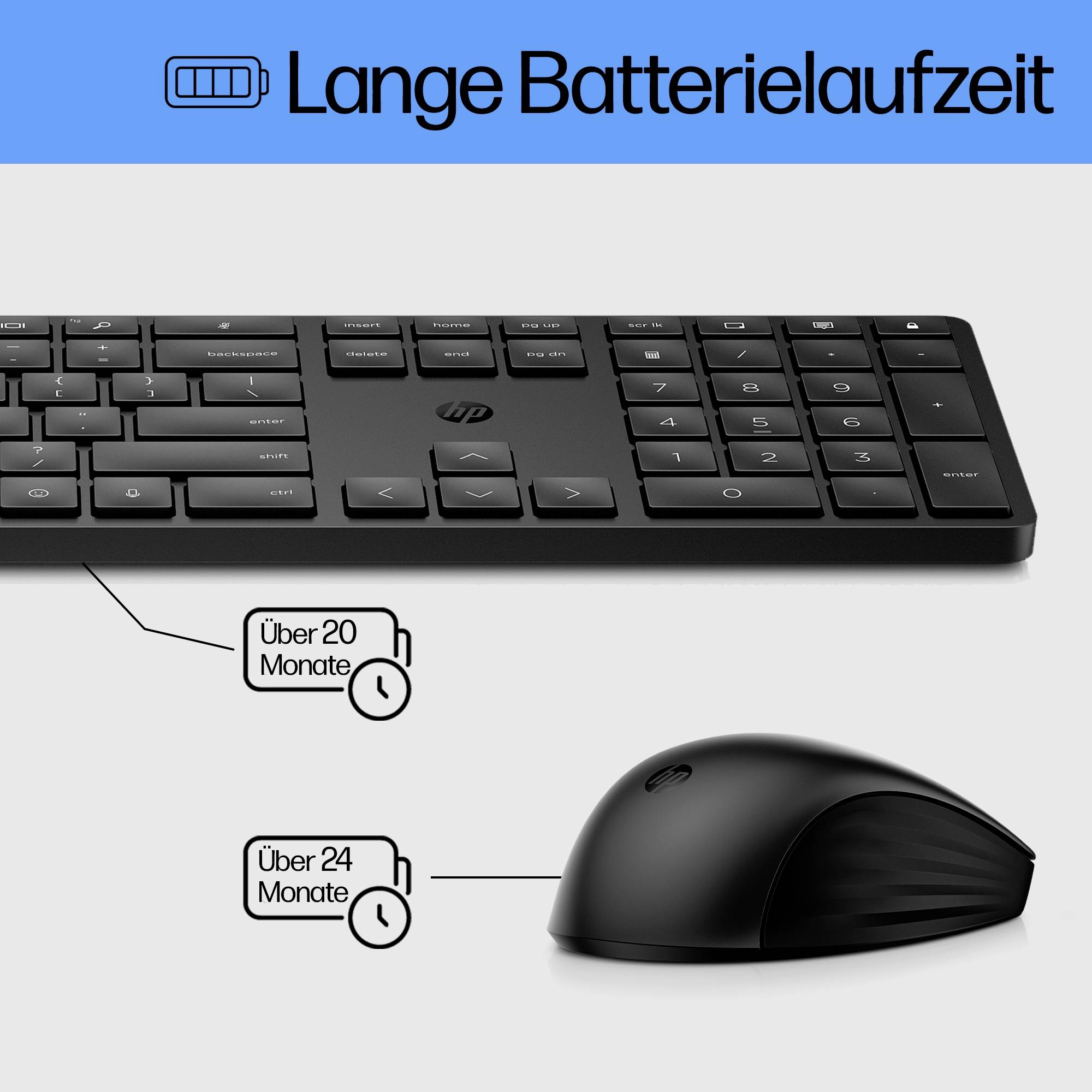'Kabellose Tastatur und Maus in Schwarz. Text: Lange Batterielaufzeit. Tastatur über 20 Monate, Maus über 24 Monate.'