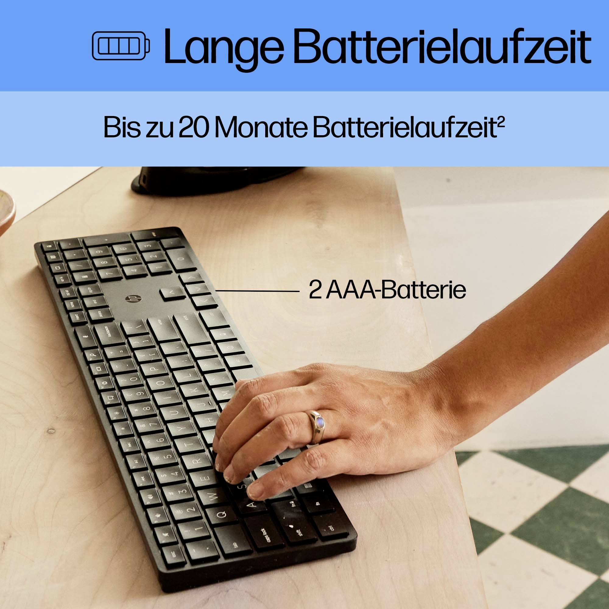 Eine Tastatur mit einer 2 AAA-Batterie wird gezeigt. Der Text oben informiert über 'Lange Batterielaufzeit' von bis zu 20 Monaten.