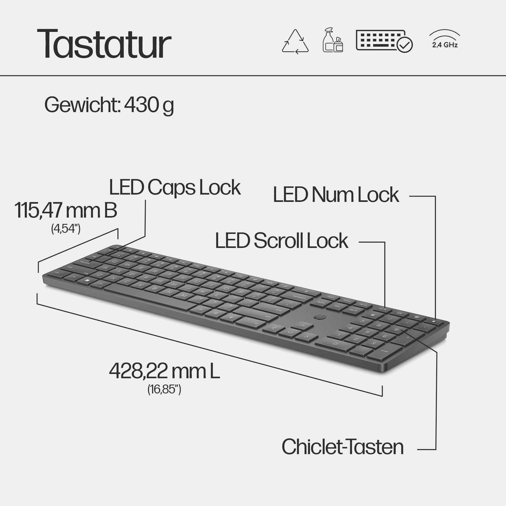 Tastatur-Abbildung mit Maßen: Breite 115,47 mm, Länge 428,22 mm. Markiert sind LED-Anzeigen für Caps Lock, Num Lock, Scroll Lock.