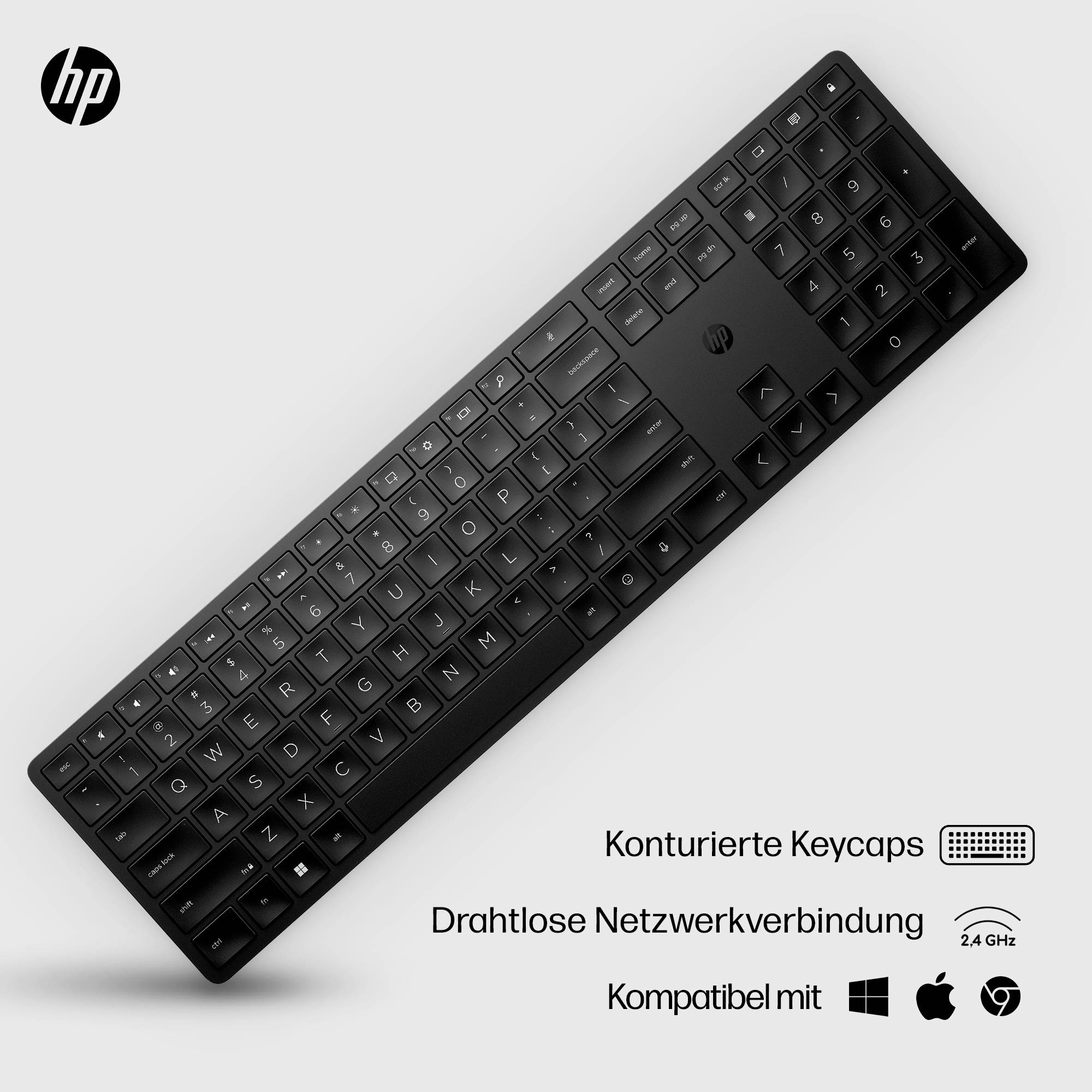 Schwarze kabellose Tastatur mit konturierten Keycaps; kompatibel mit Windows, macOS und Android. Verbindung über 2,4 GHz drahtlos.