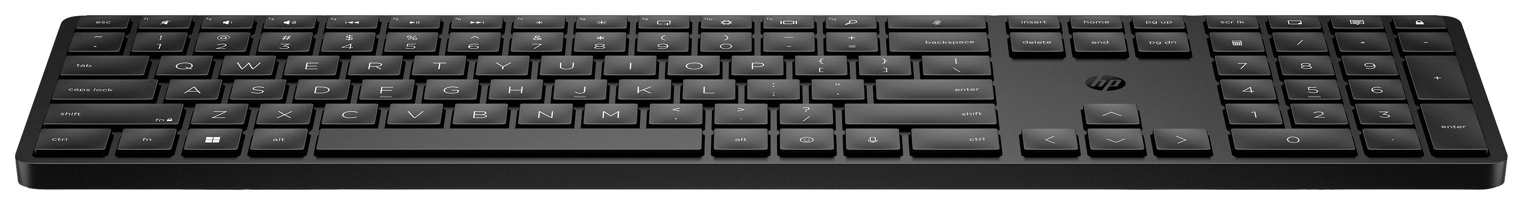 Eine schwarze, kabellose Tastatur mit vollständigem Tastenfeld, einschließlich Ziffernblock auf der rechten Seite.