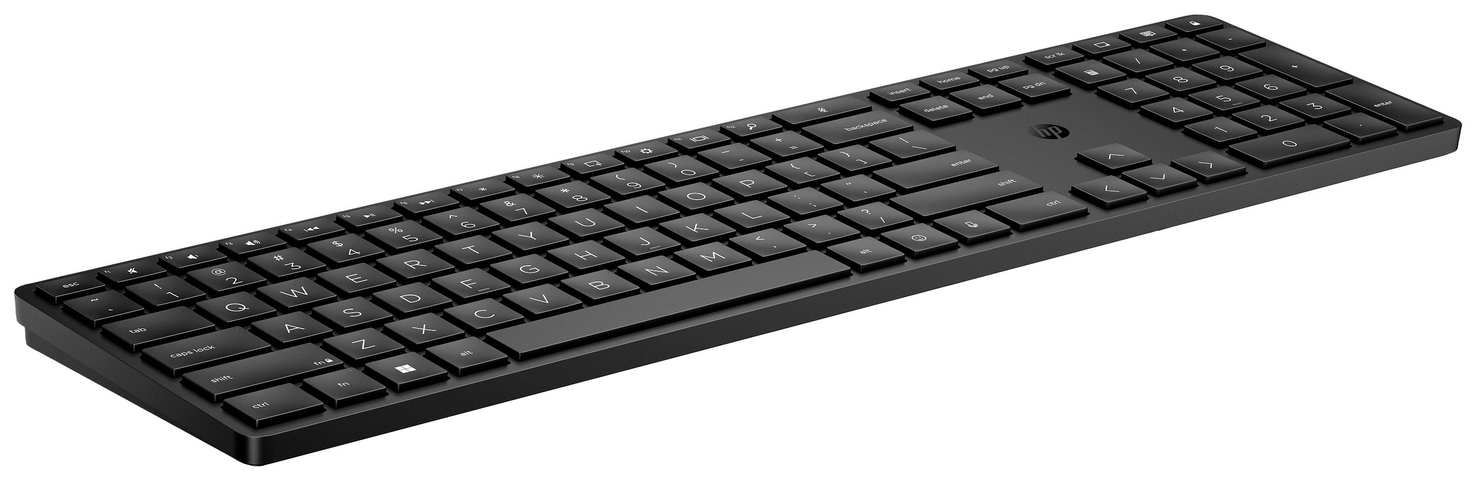 Eine schwarze kabellose Tastatur mit flachen Tasten, geeignet für Computer und Laptops.