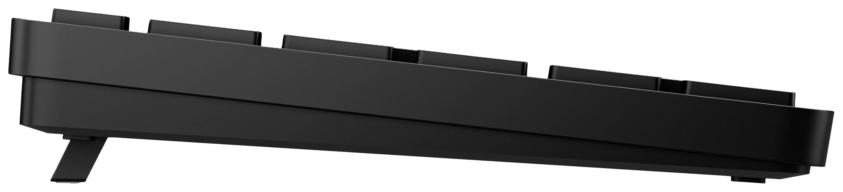 Seitliche Ansicht einer schwarzen Computertastatur mit nach oben geneigtem Profil.