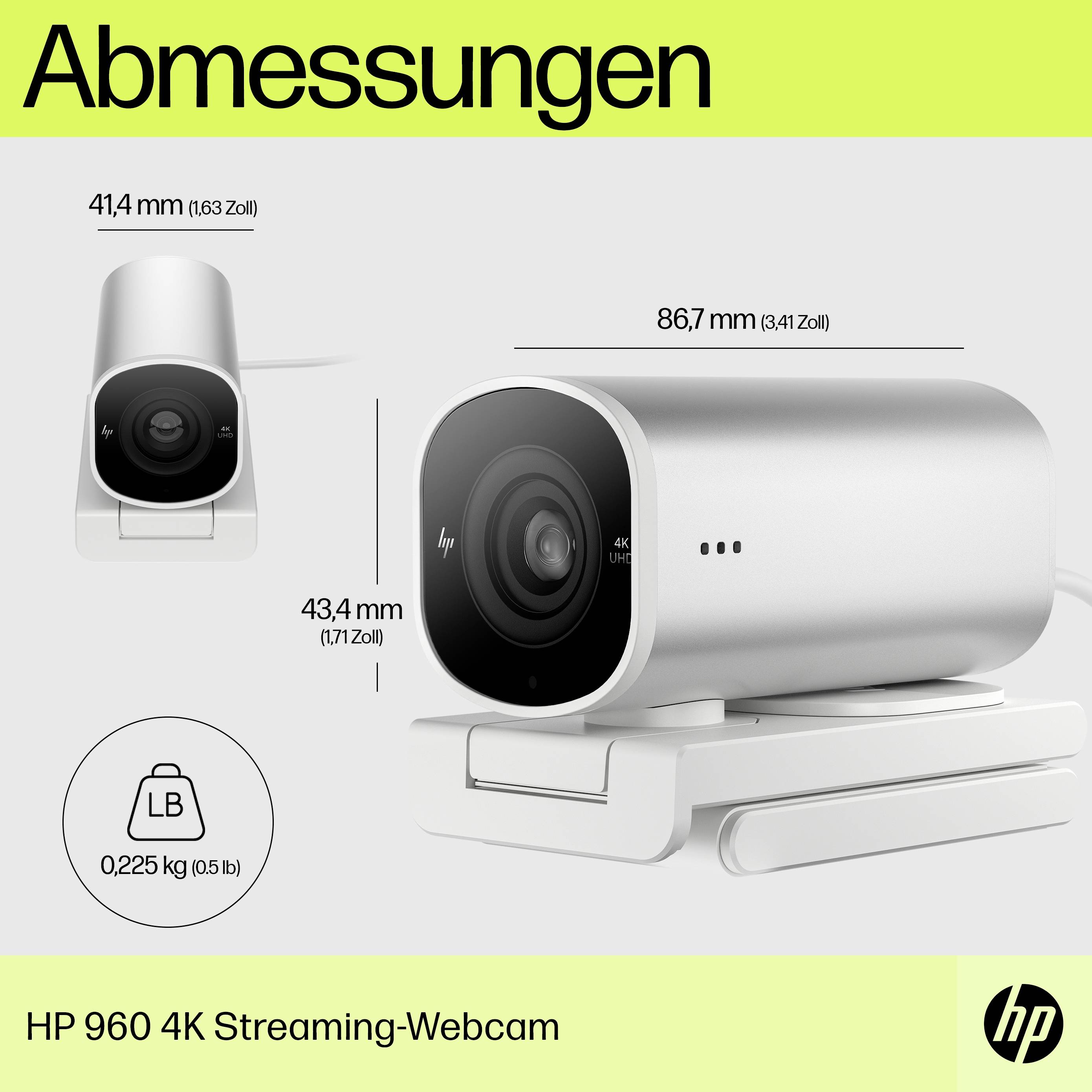 Abgebildet ist die HP 960 4K Streaming-Webcam mit den Maßen 41,4 mm x 43,1 mm x 86,7 mm und einem Gewicht von 0,225 kg.