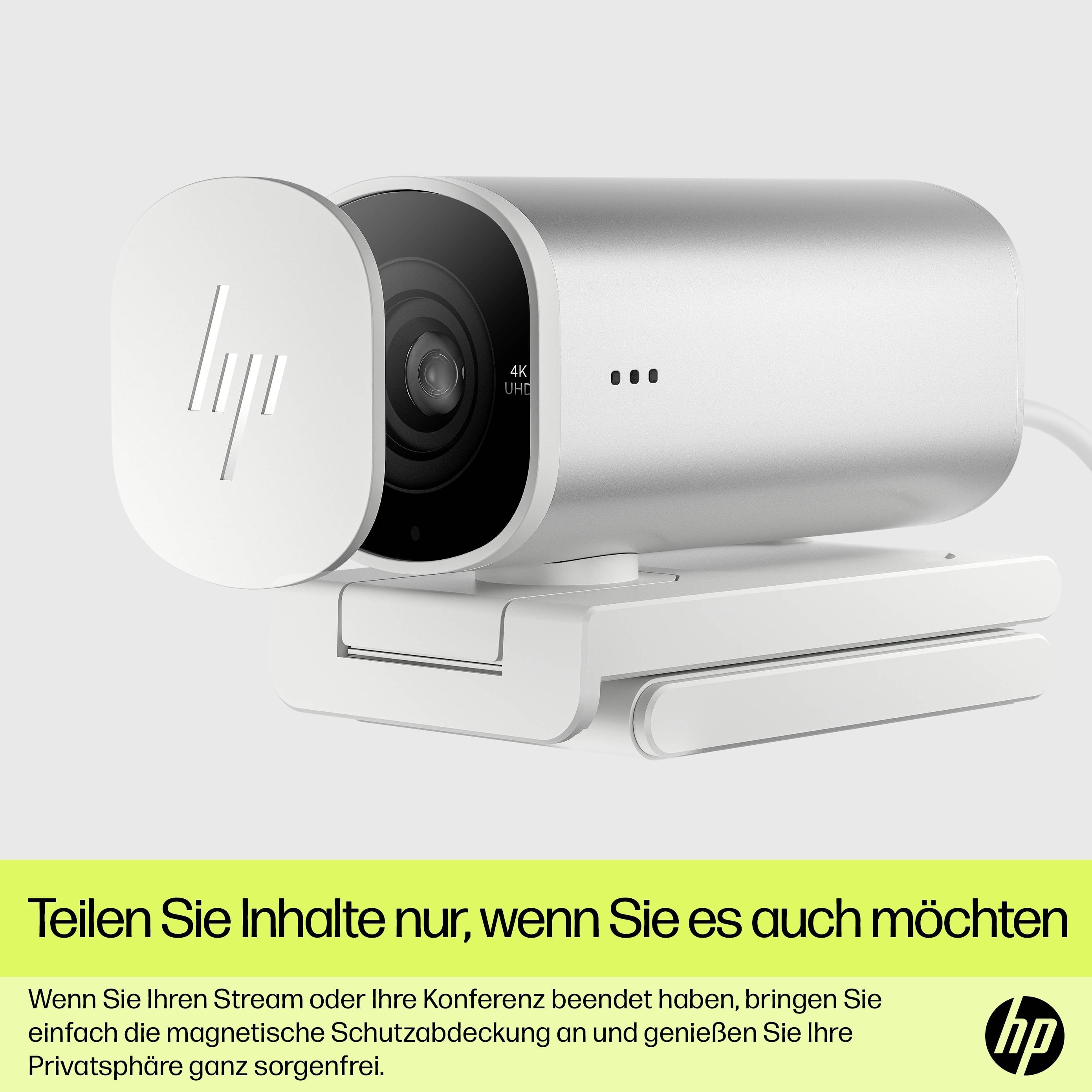 Eine weiße, moderne Überwachungskamera mit HP-Logo, geeignet für 4K-Videoübertragung, auf einem weißen Hintergrund. Text: 'Teilen Sie Inhalte nur, wenn Sie es auch möchten'.