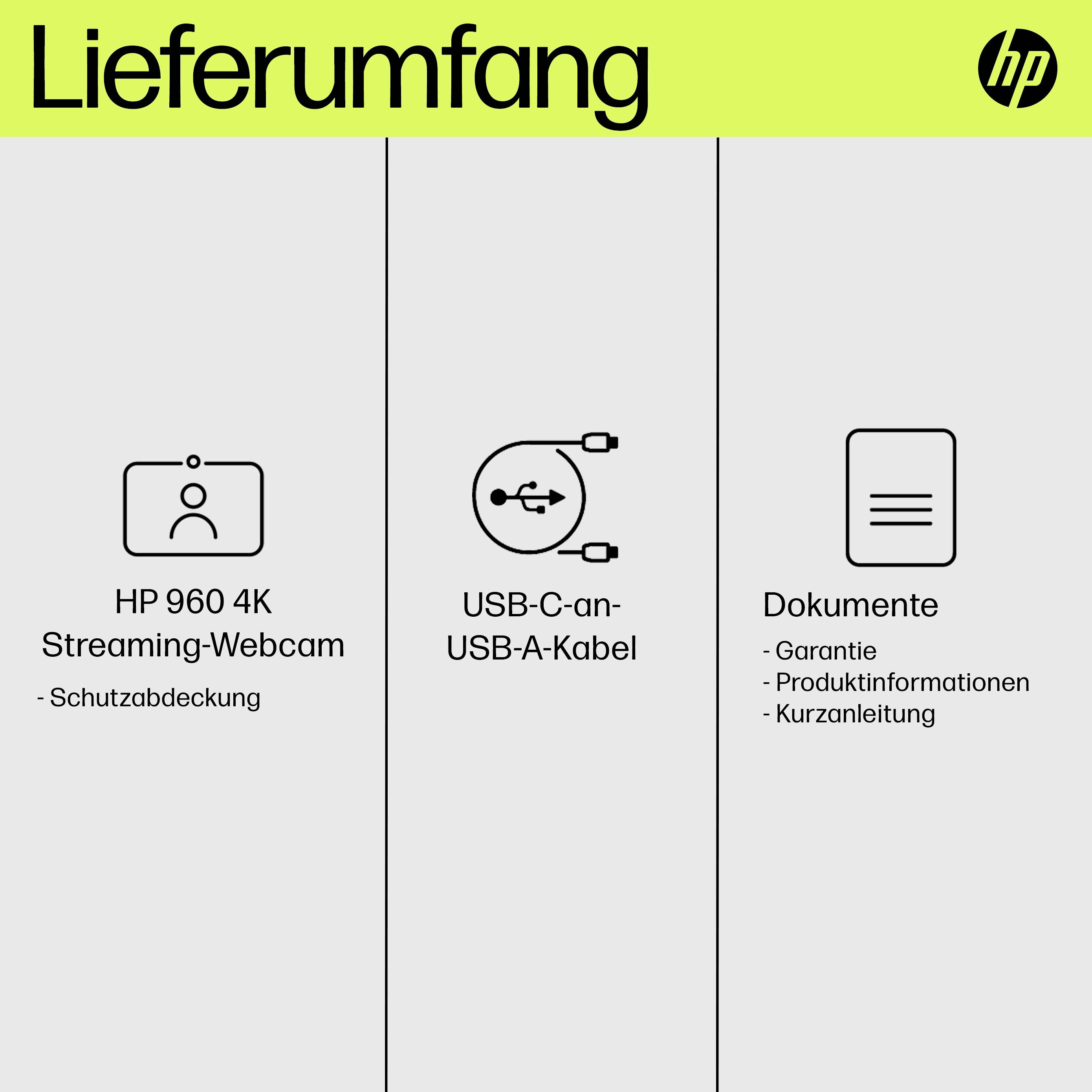 'Lieferumfang' zeigt HP 960 4K Streaming-Webcam, USB-C auf USB-A-Kabel und Dokumente inklusive Garantie, Produktinfos und Kurzanleitung.