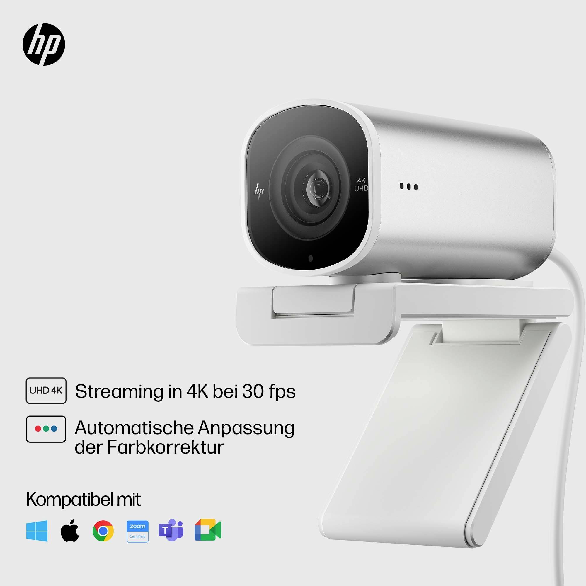 Webcam der Marke HP mit 4K-Streaming bei 30 fps. Automatische Farbkorrektur. Kompatibel mit Windows, macOS, Zoom und Teams.