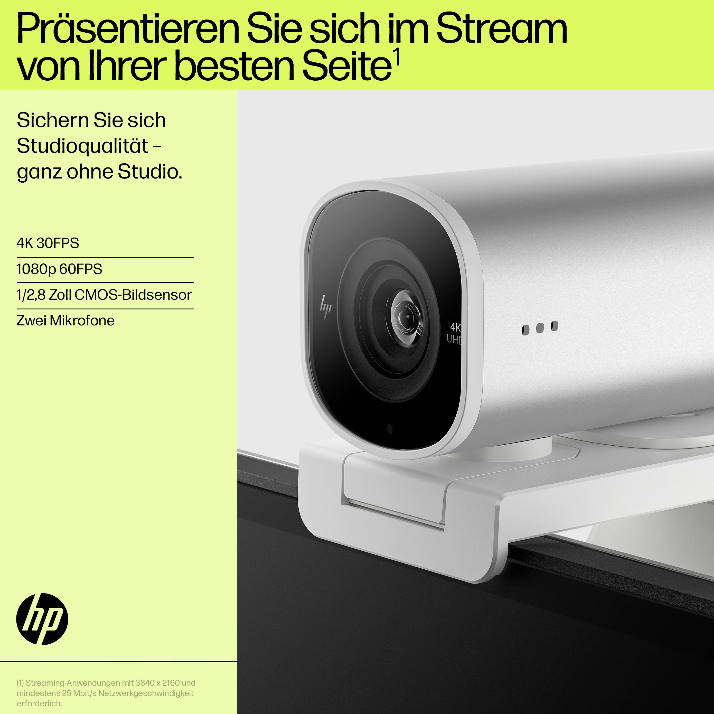 Eine Webkamera mit 4K 30FPS und 1080p 60FPS Aufnahmequalität, ausgestattet mit einem 1/2,8 CMOS-Bildsensor und zwei Mikrofonen.