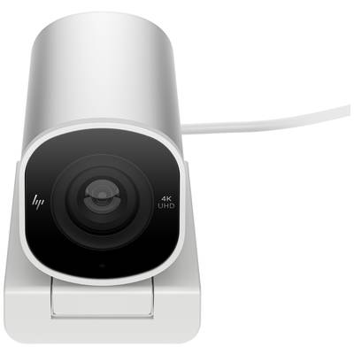 Eine weiße 4K-UHD-Webcam von HP mit rundem Objektiv und integriertem Kabel. Ideal für hochauflösende Videoaufnahmen.