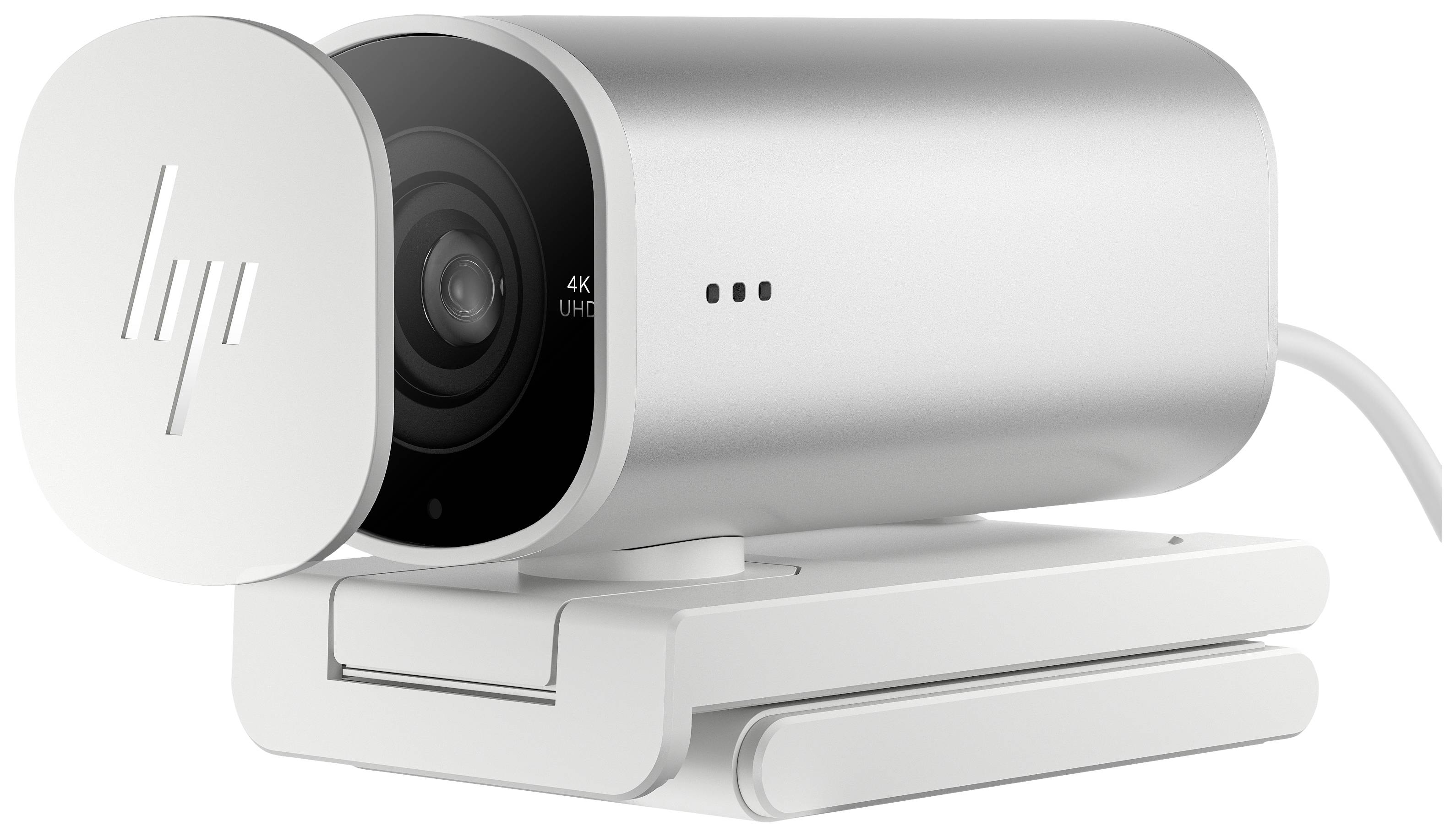 'HP'-Logo auf einer silbernen 4K-Webcam mit weißem Standfuß und dreipunktigem Indikatorlicht.