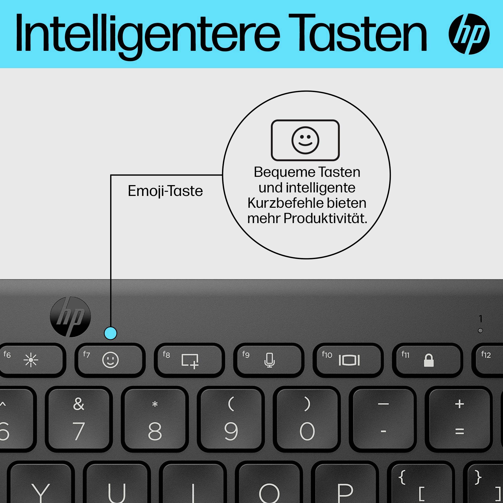 'Tastatur mit hervorgehobener Emoji-Taste. Text: Bequeme Tasten und intelligente Kurzbefehle bieten mehr Produktivität.'