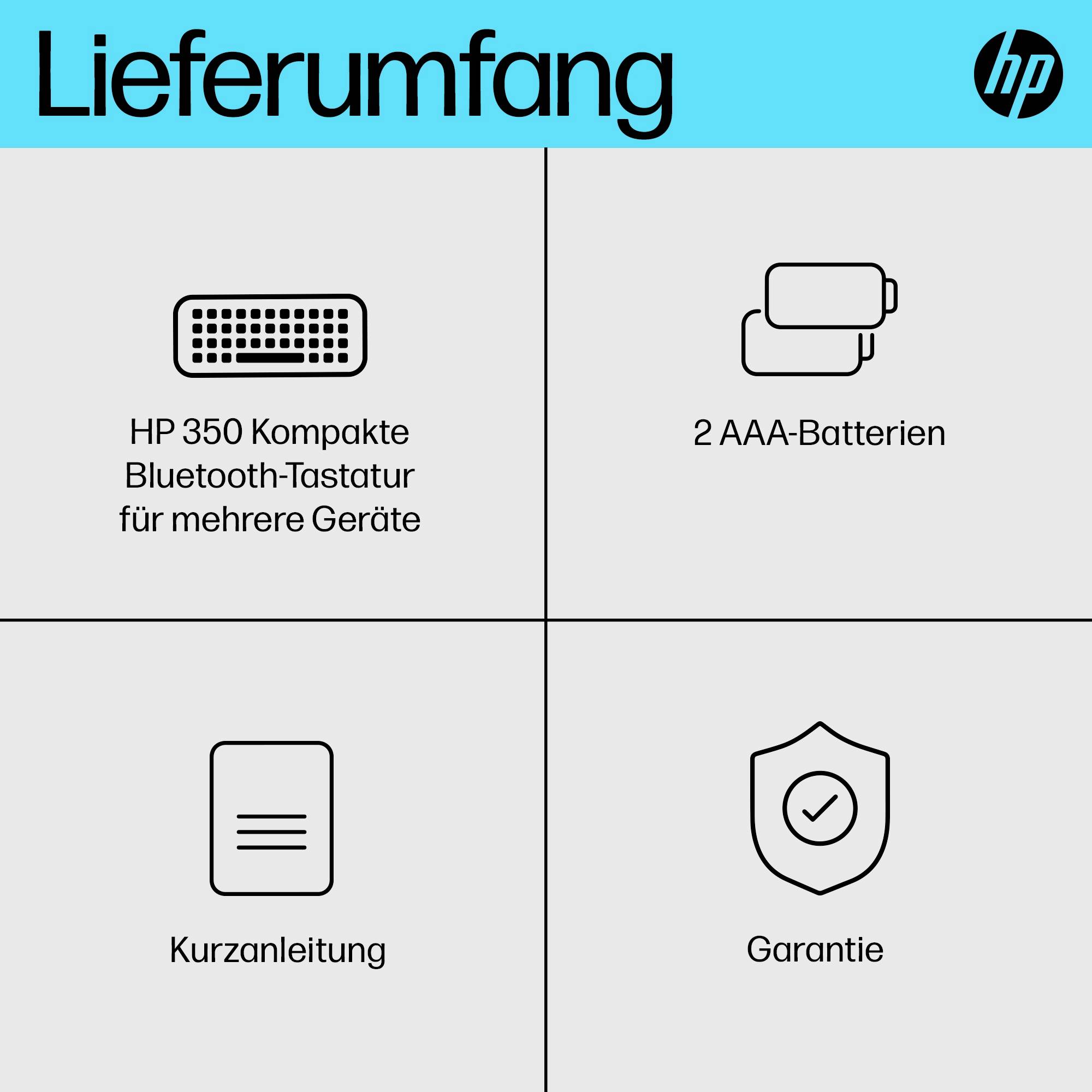 Lieferumfang: HP 350 Kompakte Bluetooth-Tastatur, 2 AAA-Batterien, Kurzanleitung, Garantie.