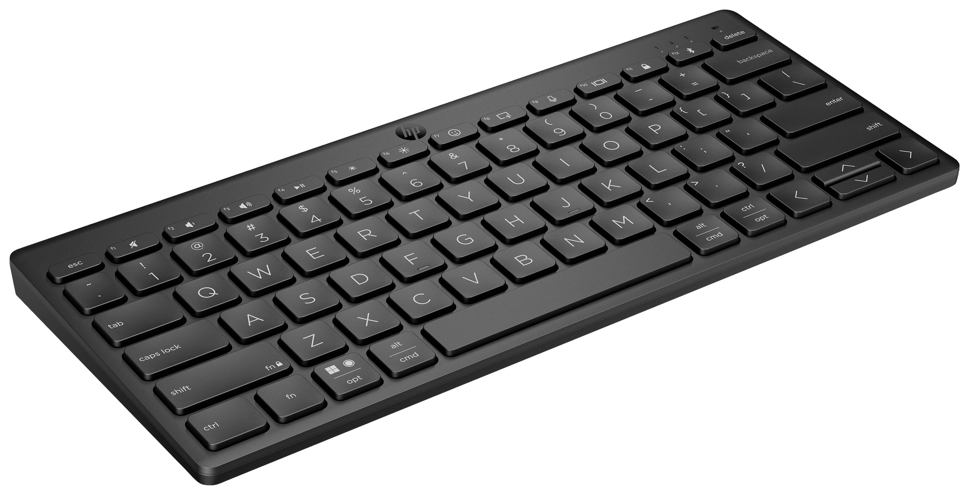 Schwarz glänzende, kabellose Tastatur mit Standardtastenanordnung, Pfeiltasten und Funktionstastenreihe, geeignet für alltägliches Tippen.