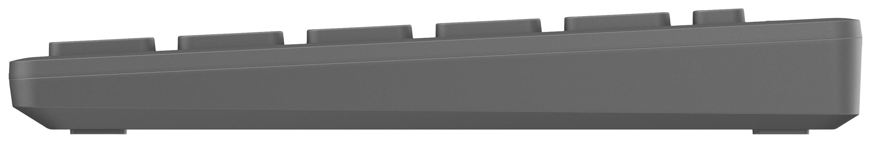 Seitliche Ansicht einer schwarzen Computertastatur, die leichte Neigung der Tasten zeigt.