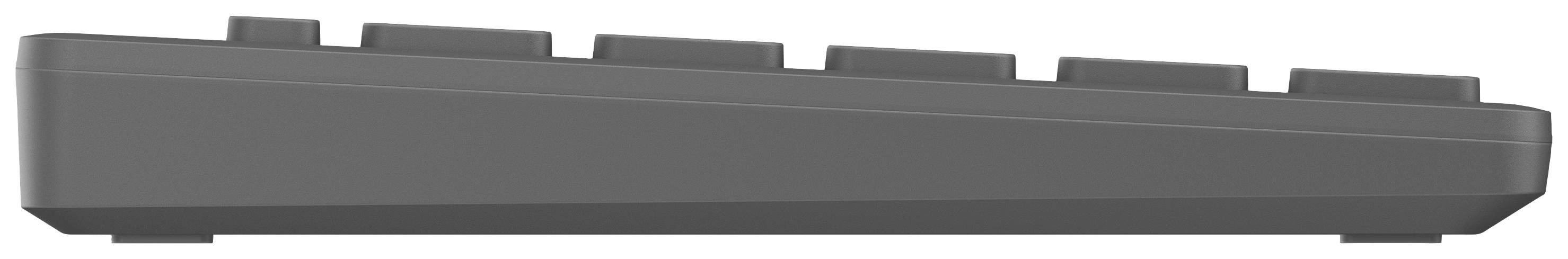 Seitenansicht einer grauen Computertastatur mit erhöhten Tasten.