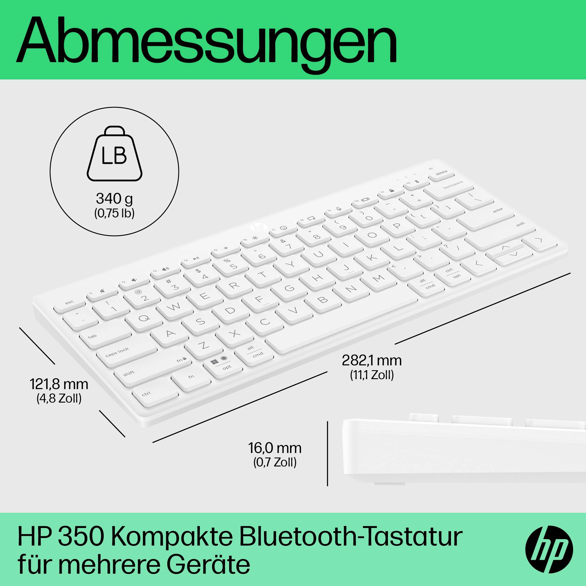 'HP 350 Kompakte Bluetooth-Tastatur für mehrere Geräte' mit den Abmessungen: Breite 121,8 mm, Länge 282,1 mm, Höhe 16,0 mm, Gewicht 340 g.