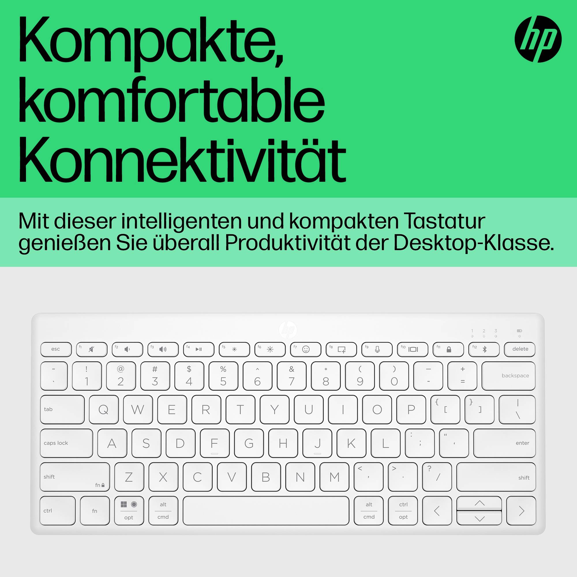 Eine kompakte, weiße Tastatur auf grauem Hintergrund. Überschrift: 'Kompakte, komfortable Konnektivität'. HP-Logo oben rechts.