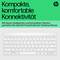 Eine kompakte, weiße Tastatur auf grauem Hintergrund. Überschrift: 'Kompakte, komfortable Konnektivität'. HP-Logo oben rechts.