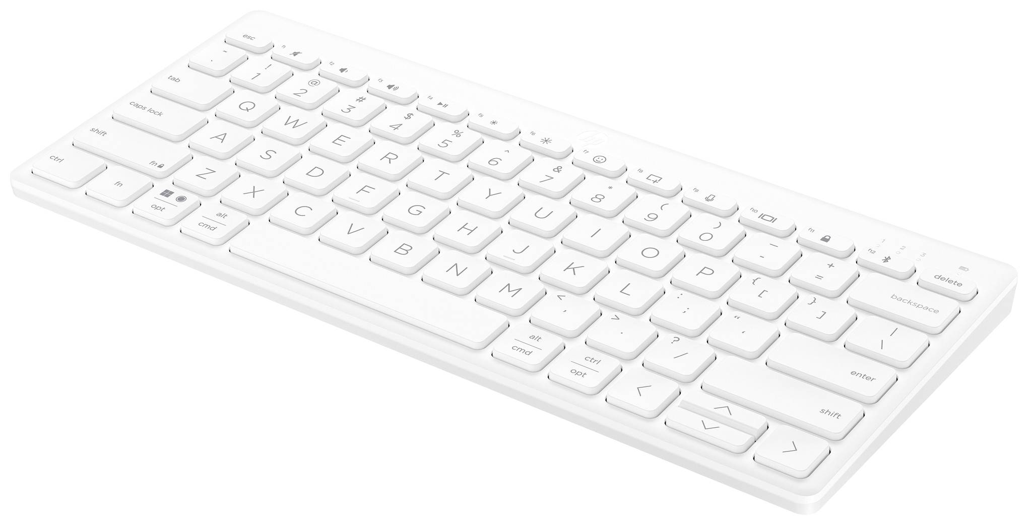 Weiße, schlanke Bluetooth-Tastatur mit flachen Tasten auf weißem Hintergrund. Ideal für minimalistisches, kabelloses Arbeiten.