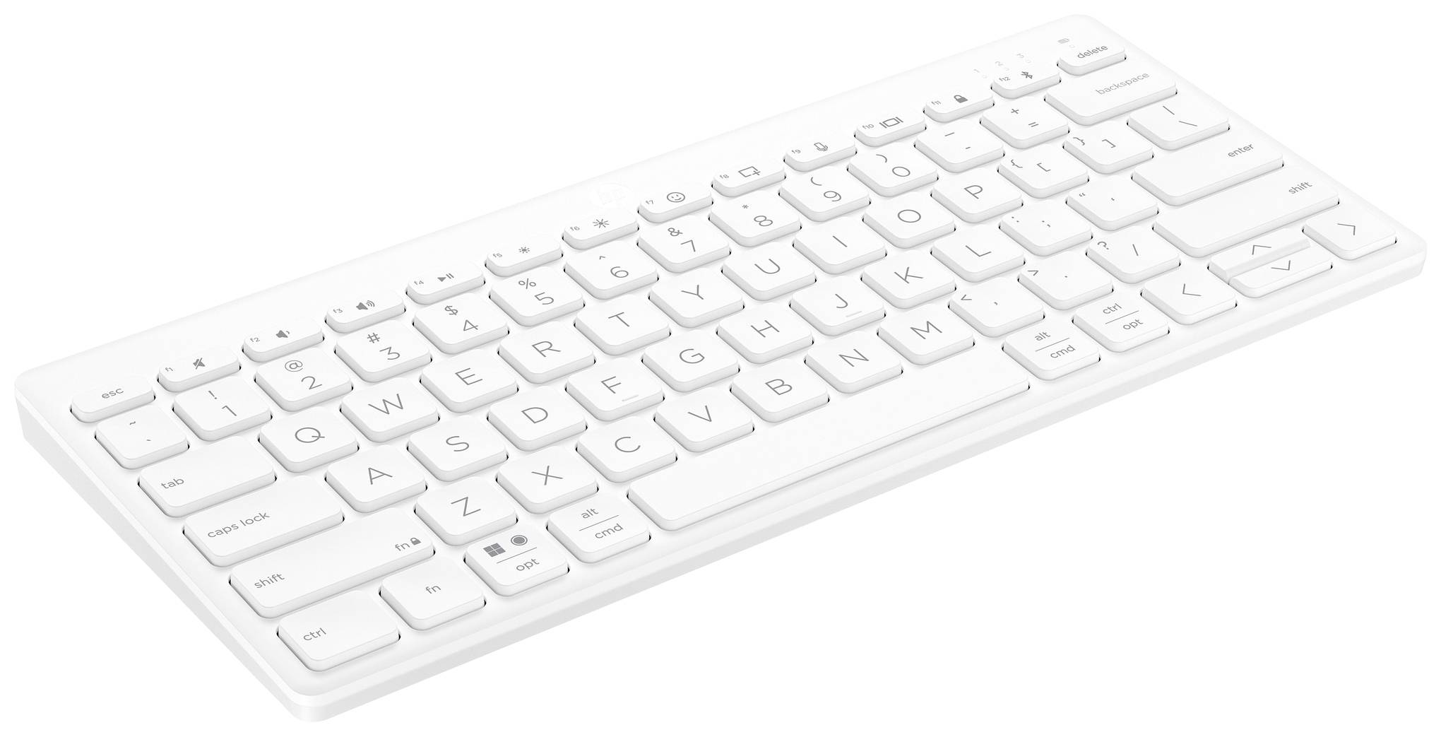 Weiße kabellose Tastatur mit QWERTY-Layout und Funktionstasten in der oberen Reihe.