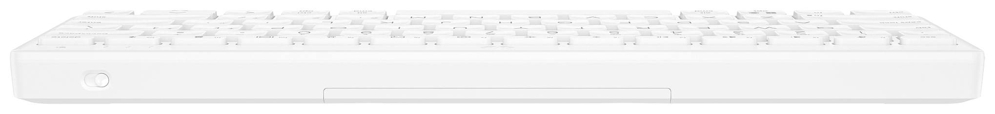 Weiße, kabellose Computertastatur mit schlankem Profil und kompaktem Design, hervorgehobene runde Tasten.