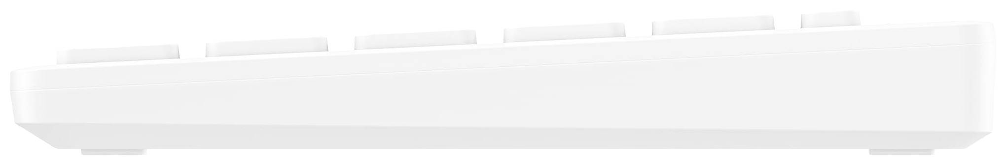 Seitliche Ansicht einer weißen Tastatur mit sichtbaren Tasten in einer Reihe.