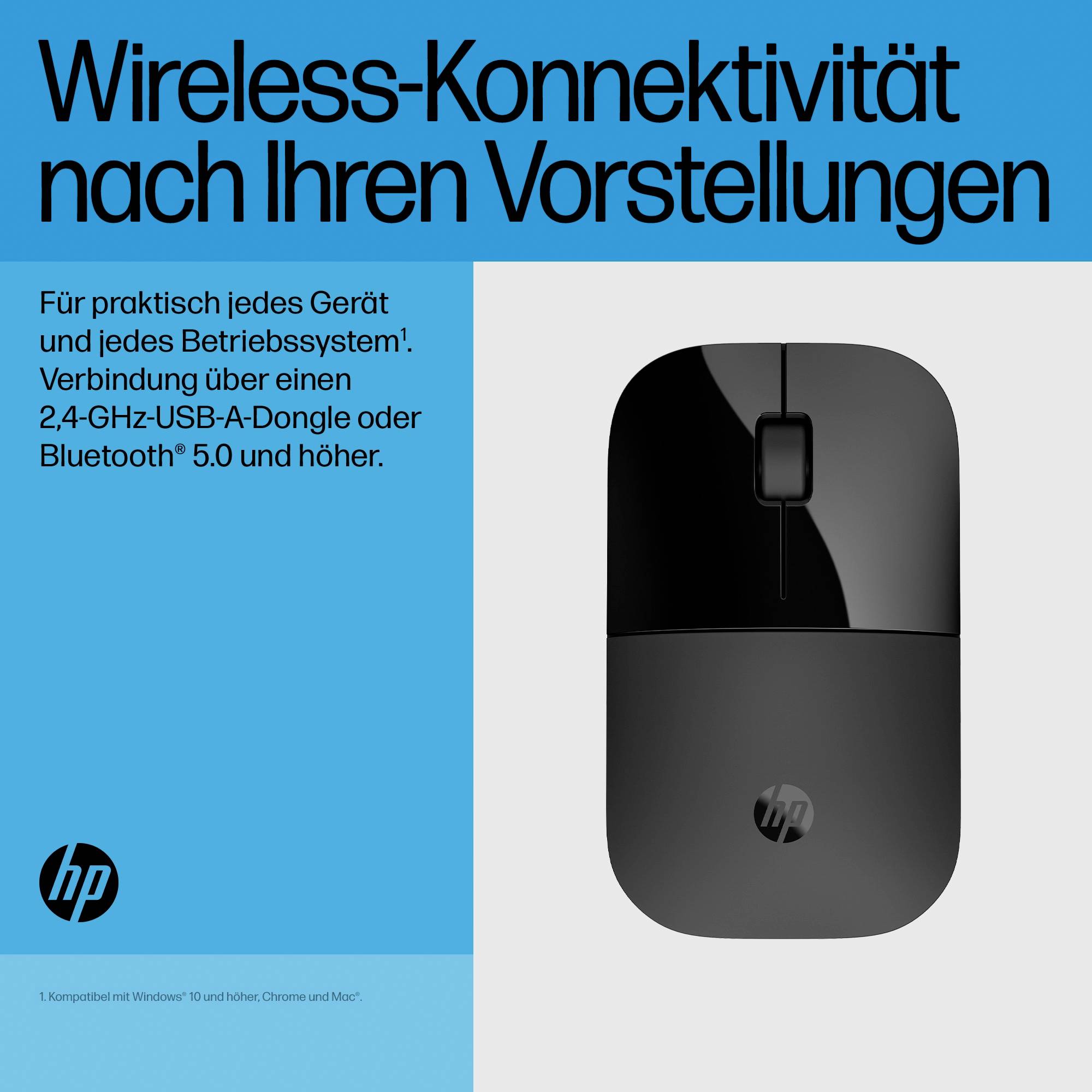 'Drahtlose Konnektivität nach Ihren Vorstellungen. Verbindung über 2,4-GHz-USB-Dongle oder Bluetooth 5.0.' Bild einer Maus von HP.