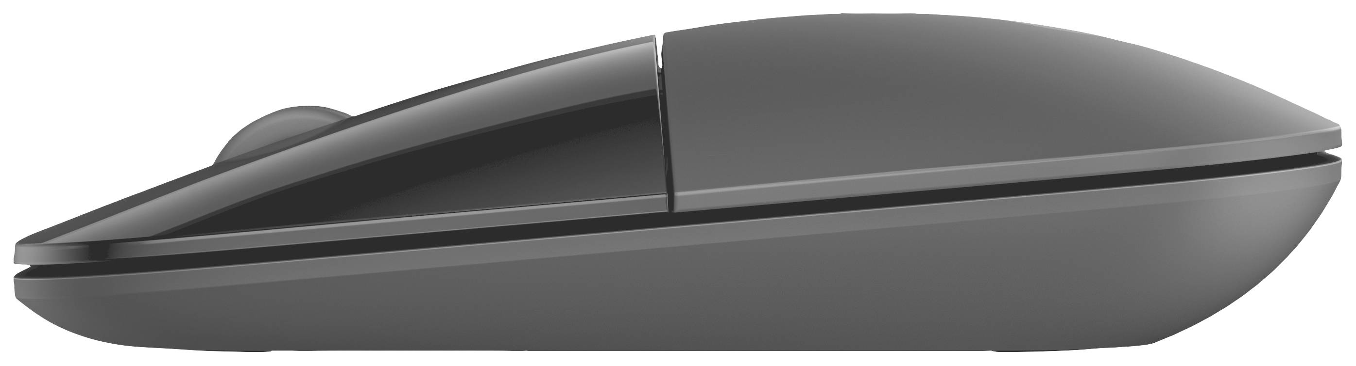 Draufsicht einer schwarzen, kabellosen Computermaus mit zwei Tasten.