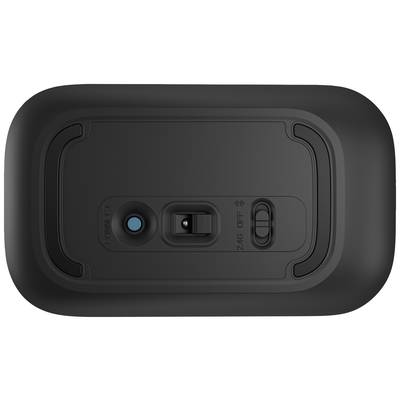 Unterseite einer kabellosen Maus mit Schiebeschalter für 2,4 GHz und Bluetooth, sowie einer blauen Taste.