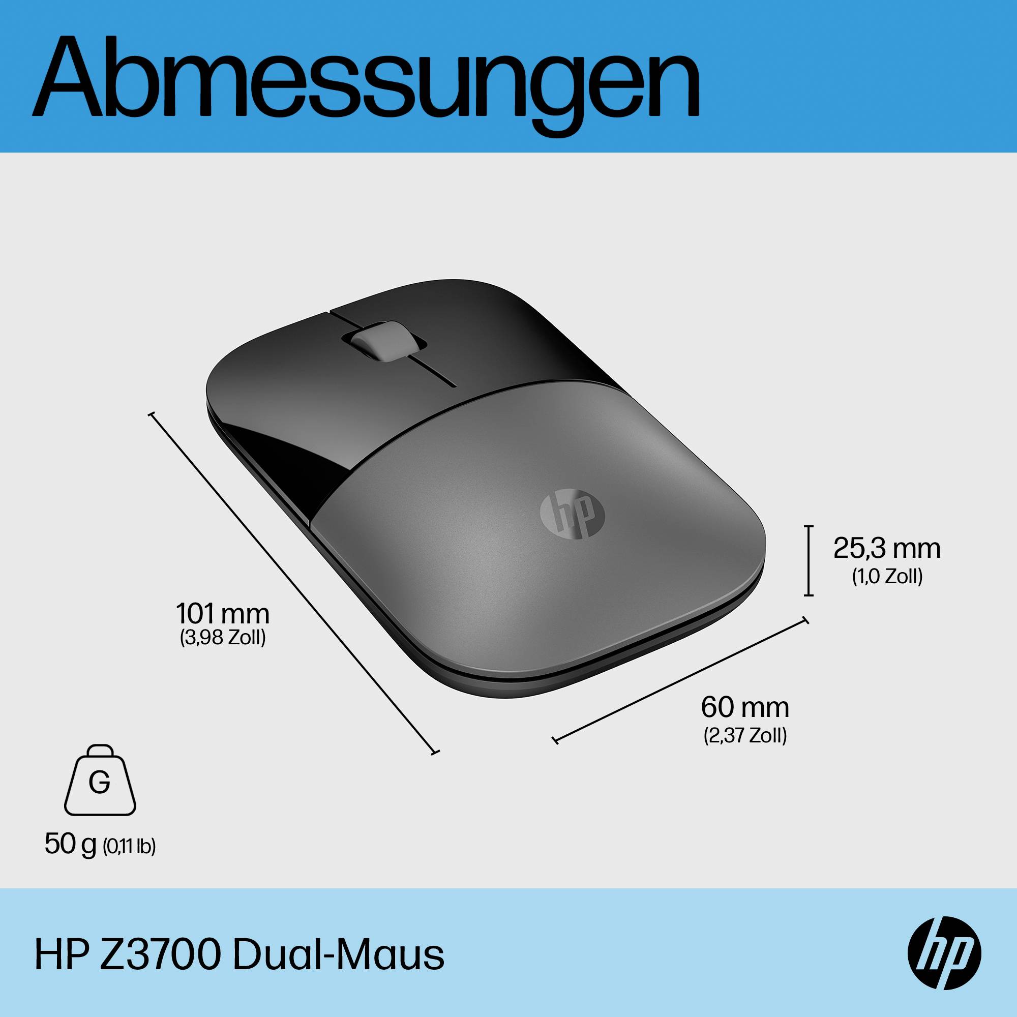 'Abmessungen' einer schwarzen HP Z3700 Dual-Maus, 25,3 mm hoch, 60 mm breit, 113 mm lang. Gewicht: 50 g.