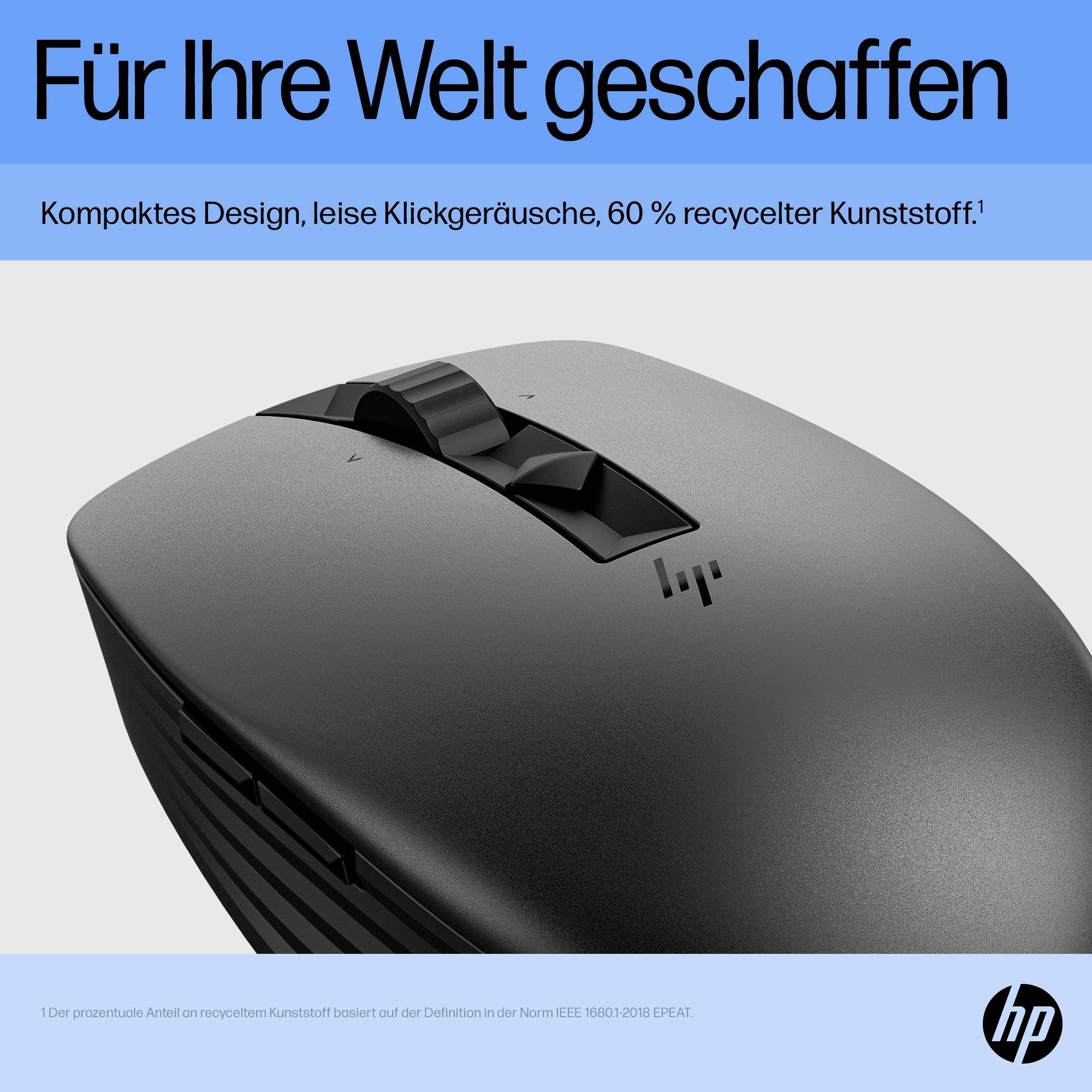 Eine schwarze Computermaus mit Scrollrad auf blauem Hintergrund. Text oben: 'Für Ihre Welt geschaffen'.