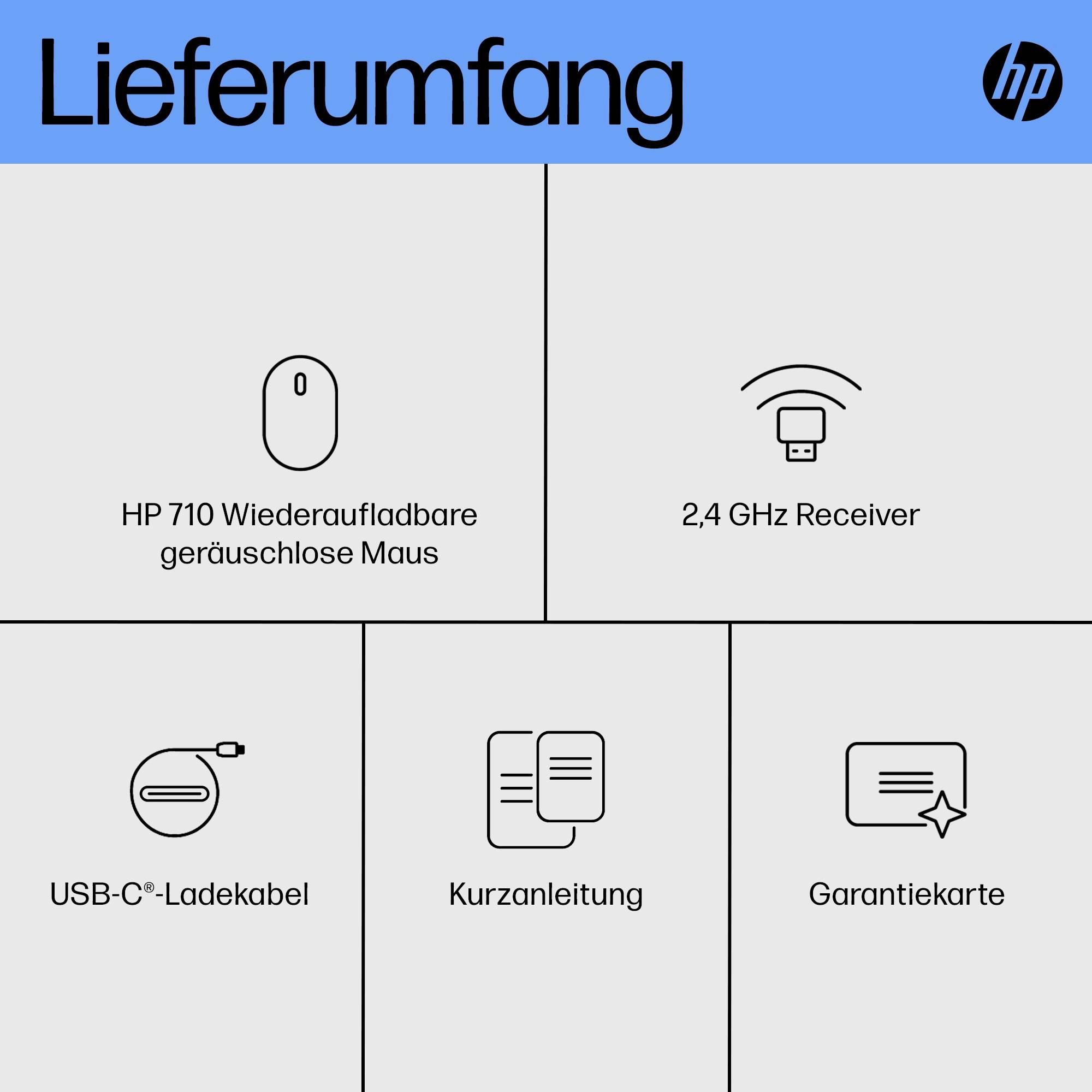 'Lieferumfang': Abbildung zeigt eine wiederaufladbare Maus, 2,4 GHz Empfänger, USB-C-Ladekabel, Kurzanleitung und Garantiekarte.