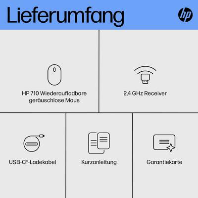 'Lieferumfang': Abbildung zeigt eine wiederaufladbare Maus, 2,4 GHz Empfänger, USB-C-Ladekabel, Kurzanleitung und Garantiekarte.