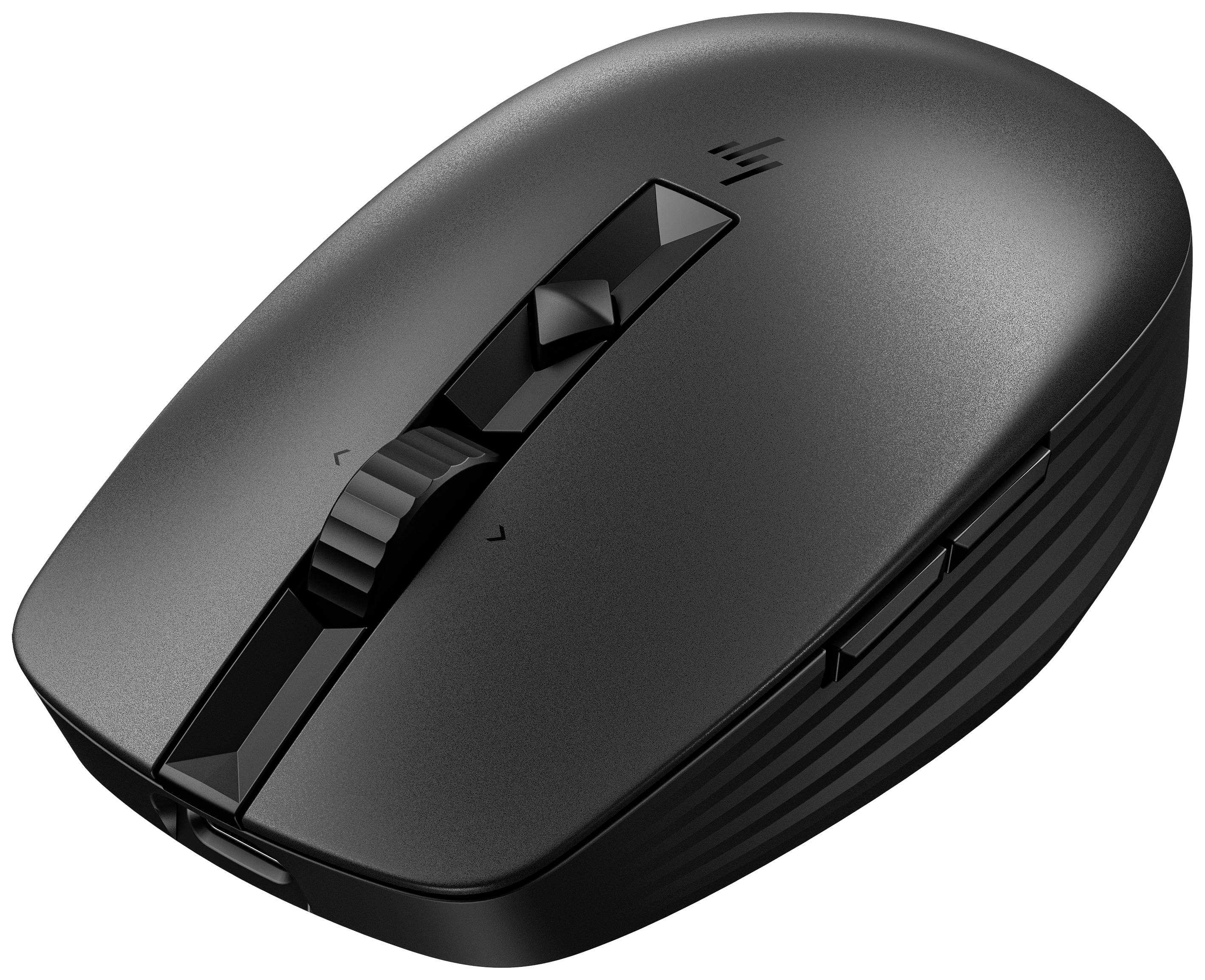 Kabellose schwarze Computermaus, schlichte Form mit mittigem Scrollrad und zwei Tasten.