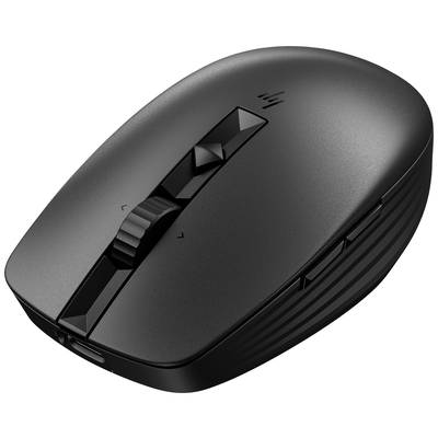 Kabellose schwarze Computermaus, schlichte Form mit mittigem Scrollrad und zwei Tasten.