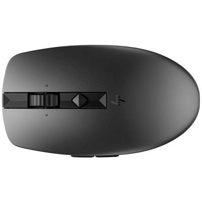 Schwarze, kabellose Computermaus in Draufsicht mit Scrollrad und zwei Tasten.