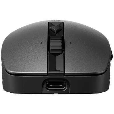 Schwarze Computermaus von vorne mit einem Scrollrad in der Mitte und einem USB-C-Anschluss an der Vorderseite.