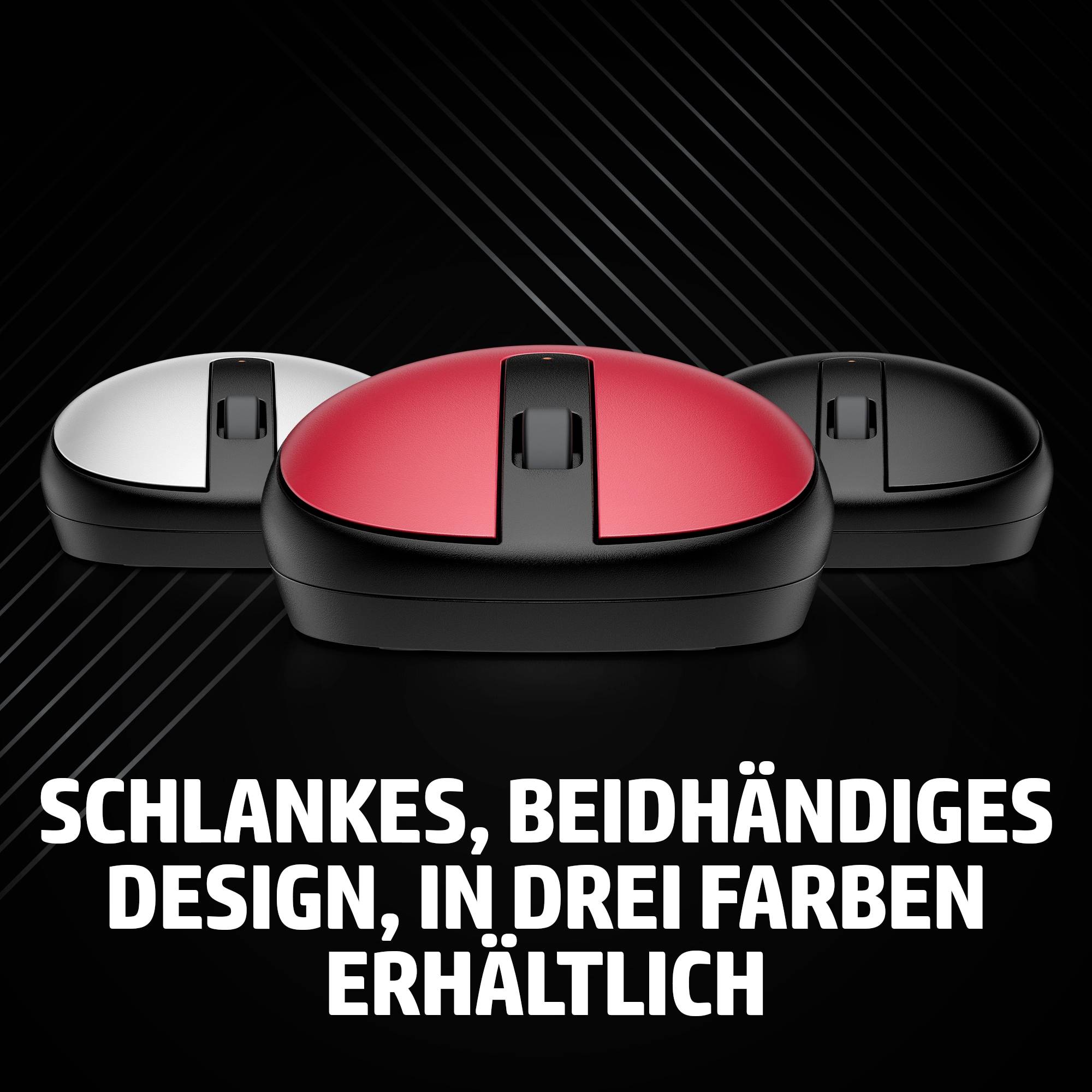 'Drei Computermäuse in Weiß, Rot und Schwarz auf schwarzem Hintergrund. Text: Schlankes, beidhändiges Design, in drei Farben erhältlich.'