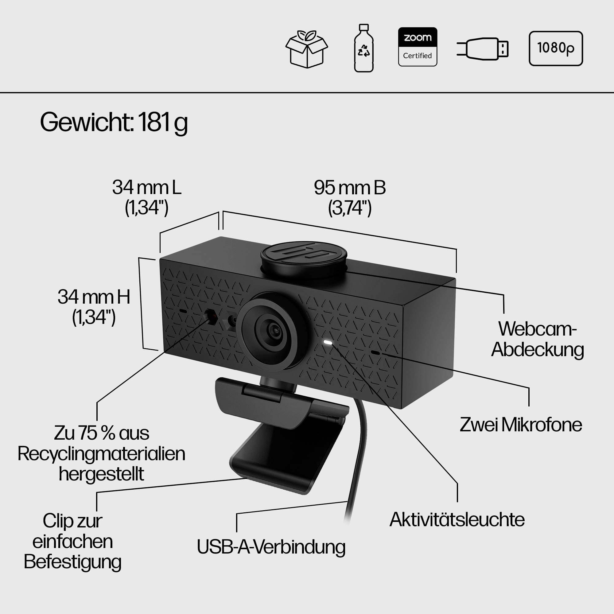 'Die Abbildung zeigt eine Webcam mit technischen Details: Gewicht 181 g, aus 75% recyceltem Material, USB-A-Verbindung, 1080p, mit zwei Mikrofonen und Aktivitätsleuchte.'
