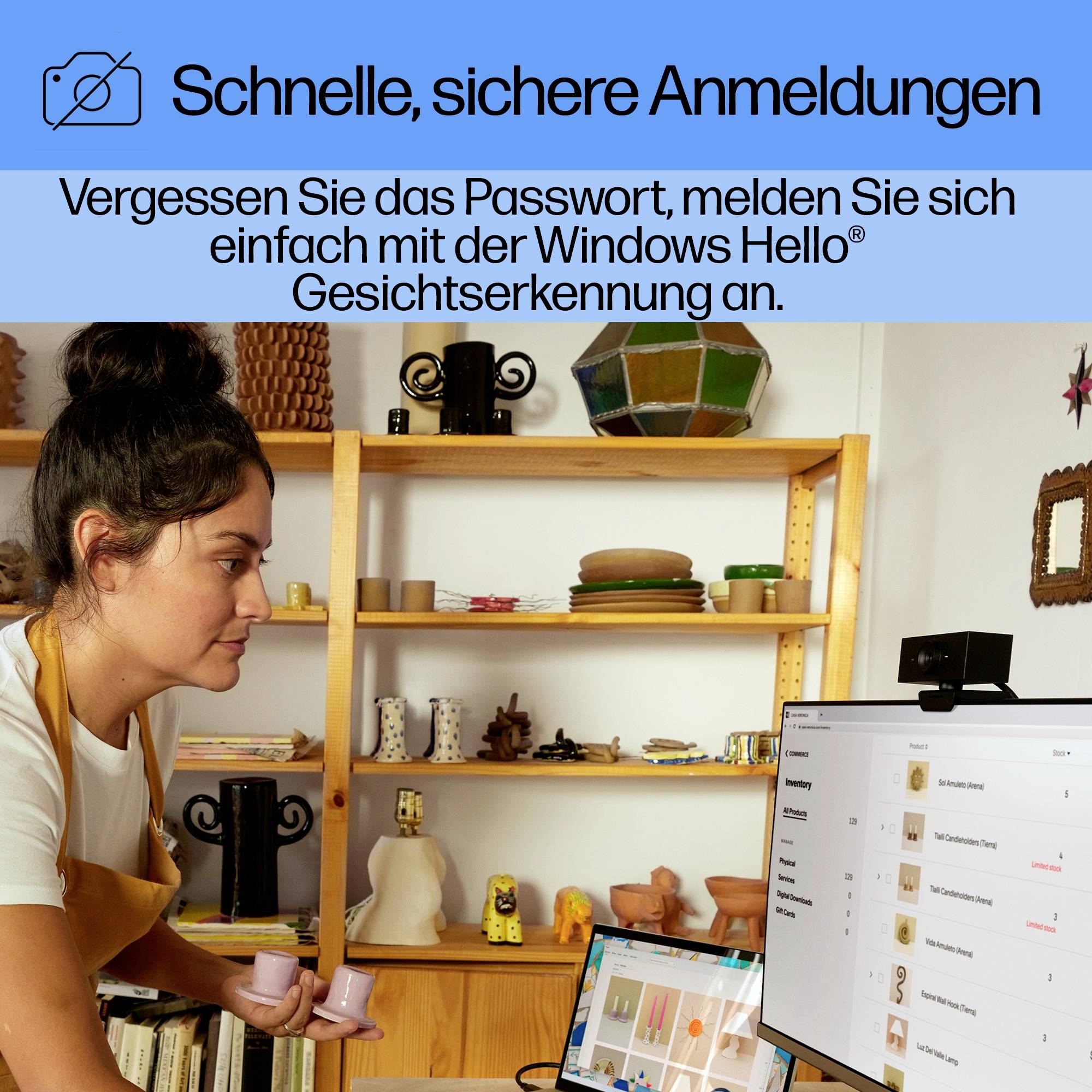 Eine Frau richtet die Gesichtserkennung an einem Computer ein. Oben steht der Text: 'Schnelle, sichere Anmeldungen'.