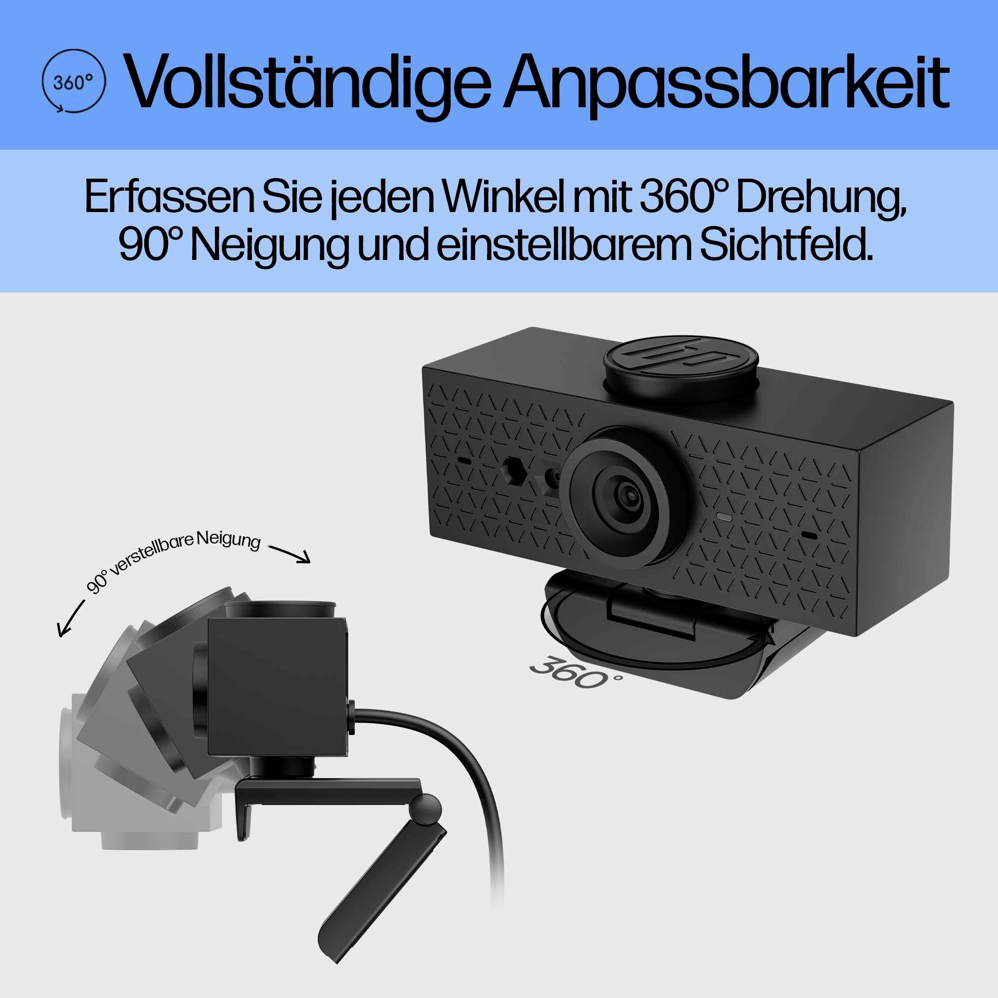 Die Grafik zeigt eine Webcam mit vollständiger Anpassbarkeit: 360°-Drehung, 90° Neigung und einstellbarem Sichtfeld, dargestellt durch rotierende Pfeile.