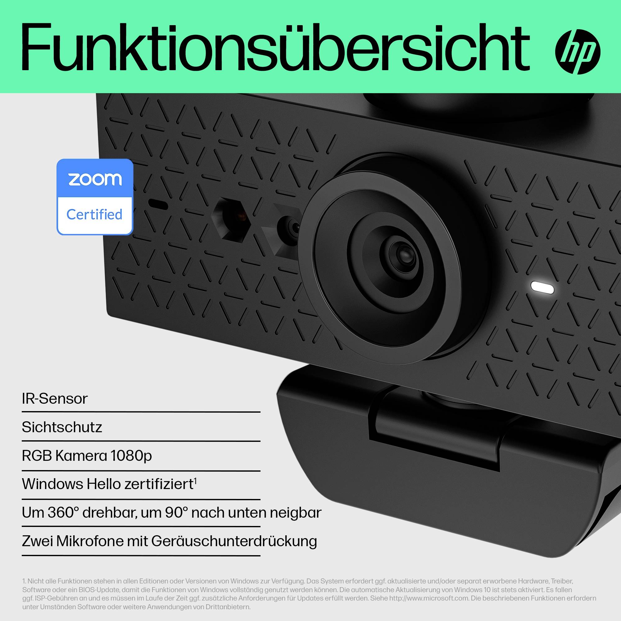 Nahaufnahme einer HP-Webcam mit der Aufschrift: 'Funktionsübersicht'. Details: 'RGB Kamera 1080p', 'zertifizierter Weitwinkel', 'Zwei Mikrofone'.