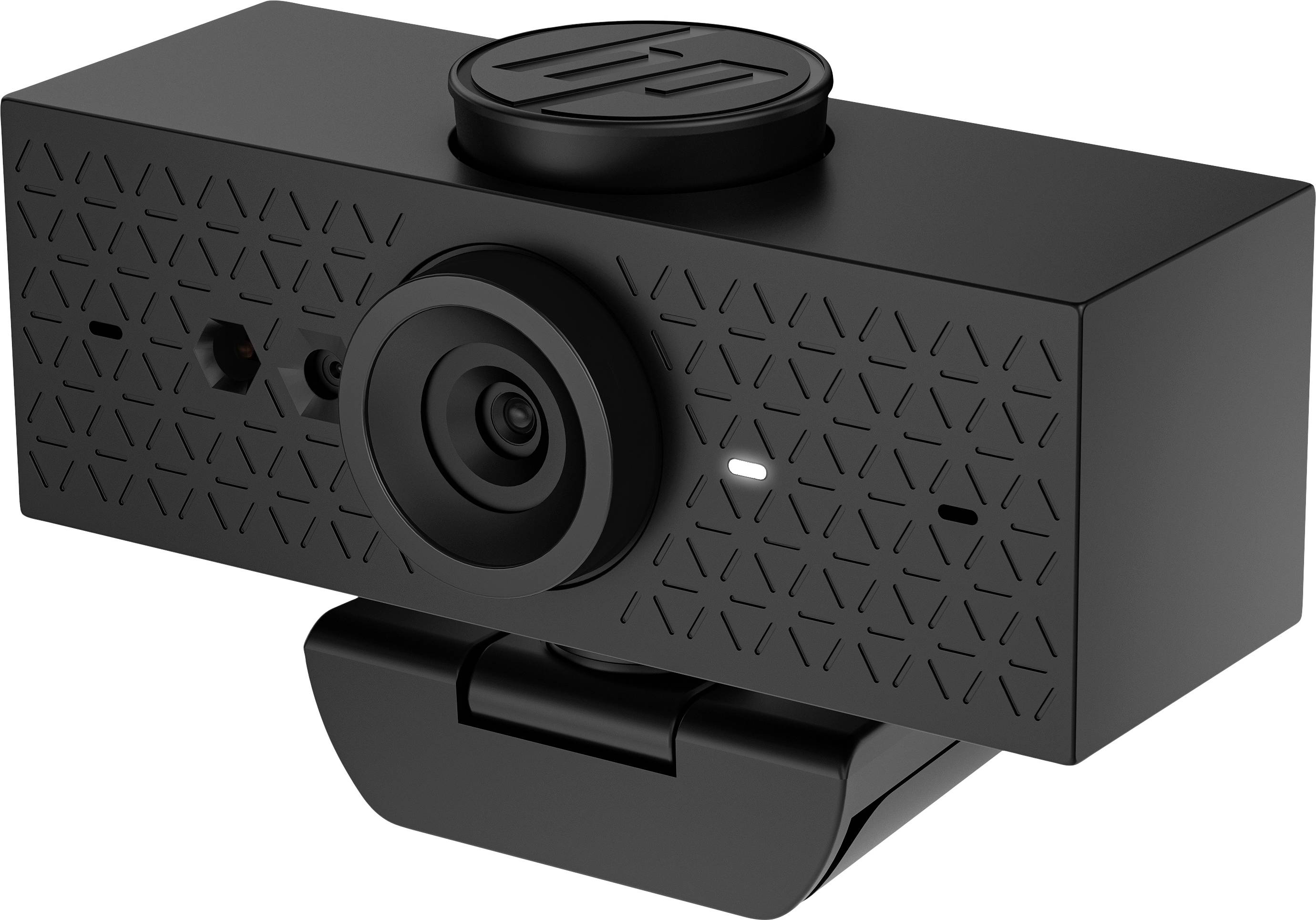 Schwarze Webcam mit geriffeltem Design, zentralem Kameraobjektiv und Befestigungsclip.