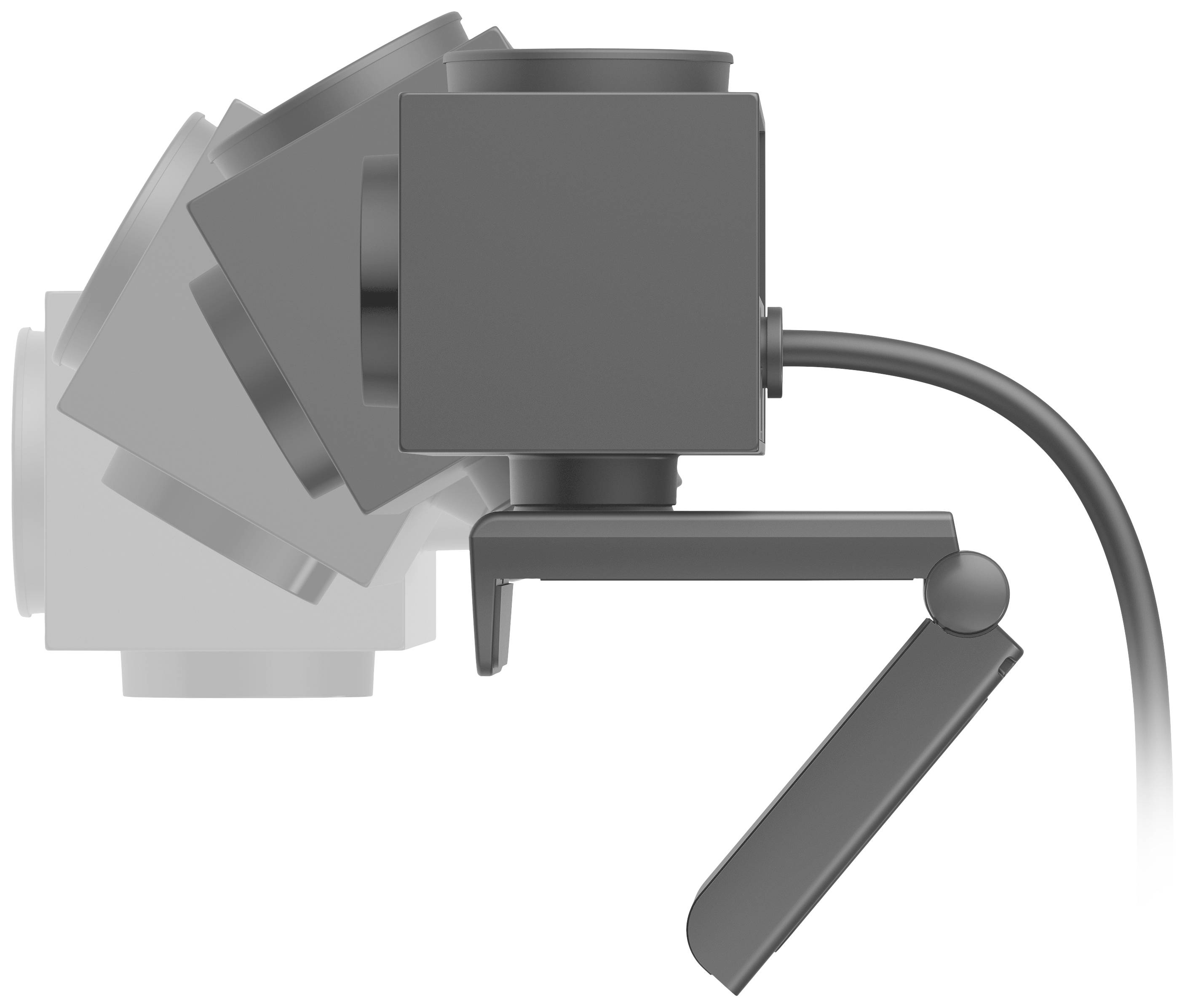 'Schwenkbare Webcam aus der Seitenansicht mit flexiblem Ständer und Kabel, zeigt Bewegungsfreiheit und Verstellbarkeit.'