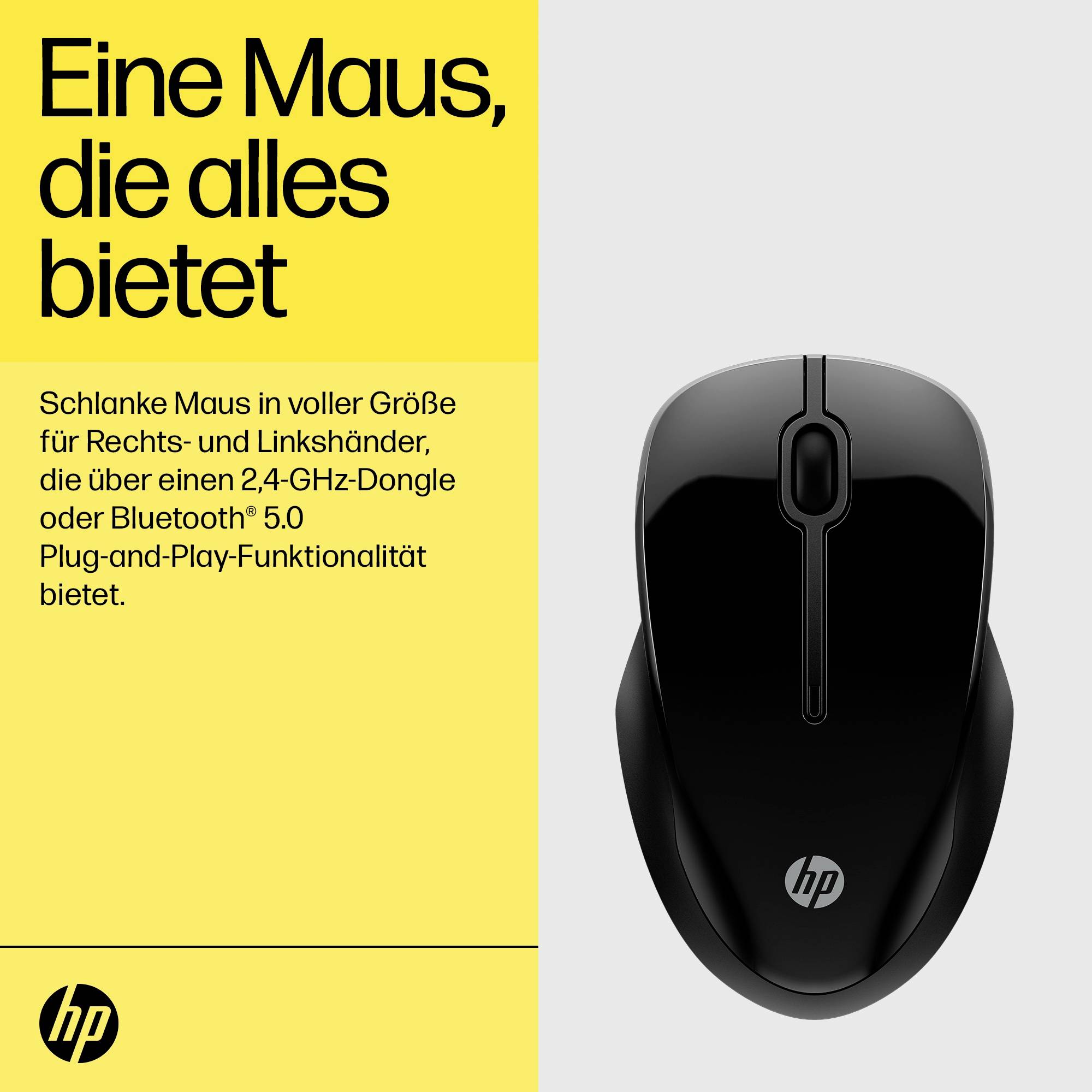 'Eine schwarze HP-Maus mit Bluetooth 5.0, geeignet für Rechts- und Linkshänder, wird auf grauem Hintergrund präsentiert.'